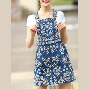 Blue Strap Flowers Embroidered Denim Dress